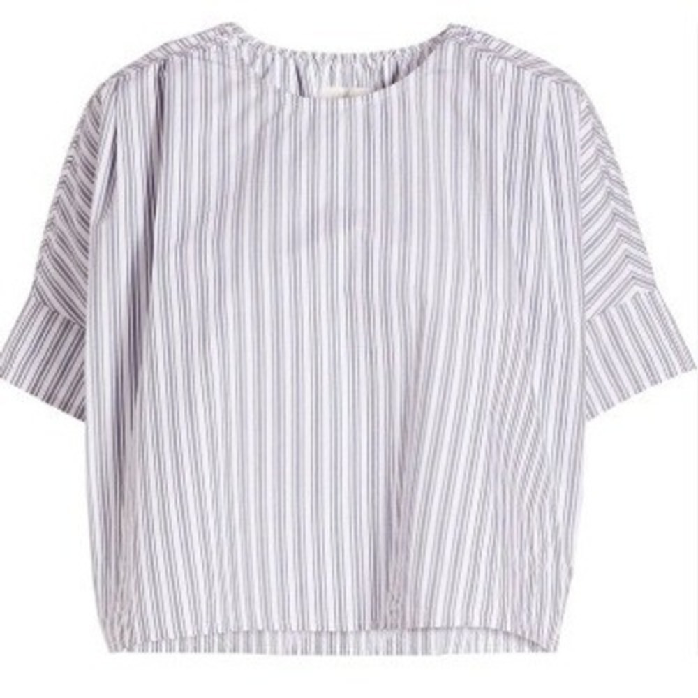 Stellae Dux Boxy Top M Blue Striped Cotton  Diane Keaton Coastal Grandma EUC